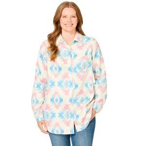 Woman Within Soft Faux Suede Shirt Ivory Aztec Size 1X Button Down Shirt